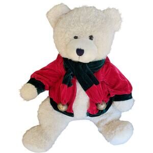 A Mart Plush White Teddy Bear Red Velvet Jacket Scarf Bell Holiday Decor Toy